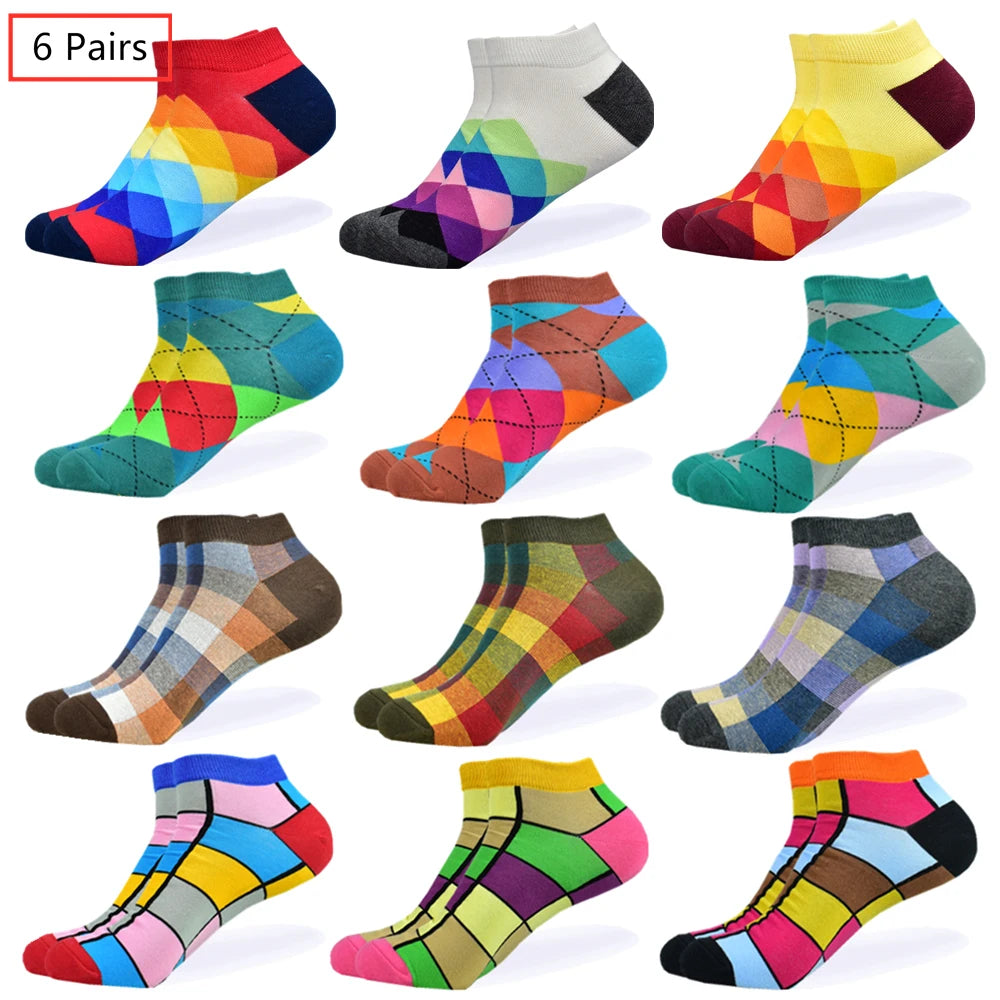 6 Pairs Colorful Novelty Ankle Socks - Harajuku Grid Space Cotton Casual Socks for Men & Women