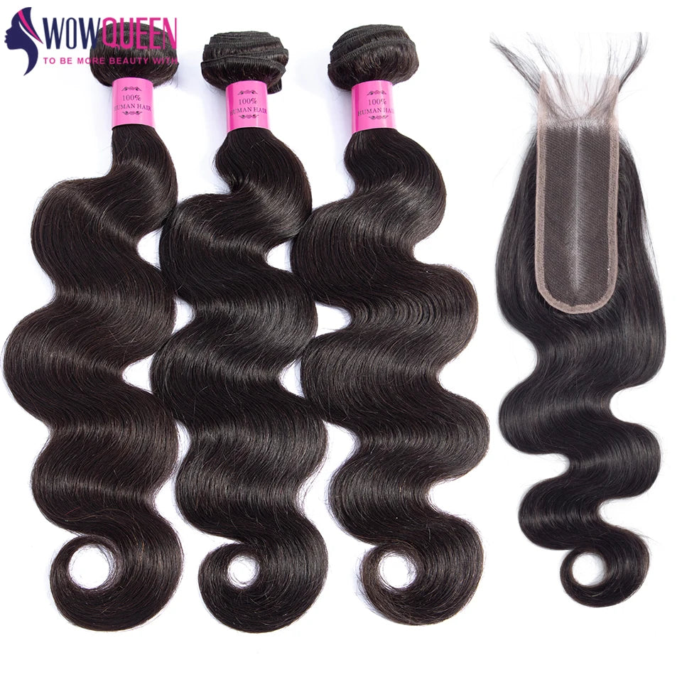 Body Wave Bundles with Closure – 2x6 Brazilian Hair Weave, 3/4 Bundles with Lace Closure, Natural Human Hair