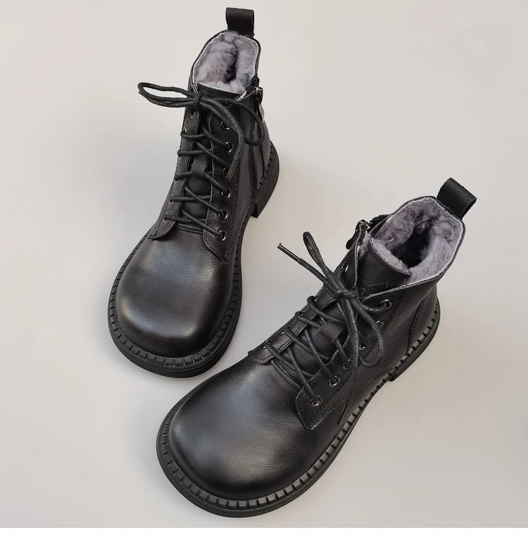Careaymade 100% Genuine Leather Wide Casual Women’s Short Boots – Big Size, Handmade Men’s Wool Boots