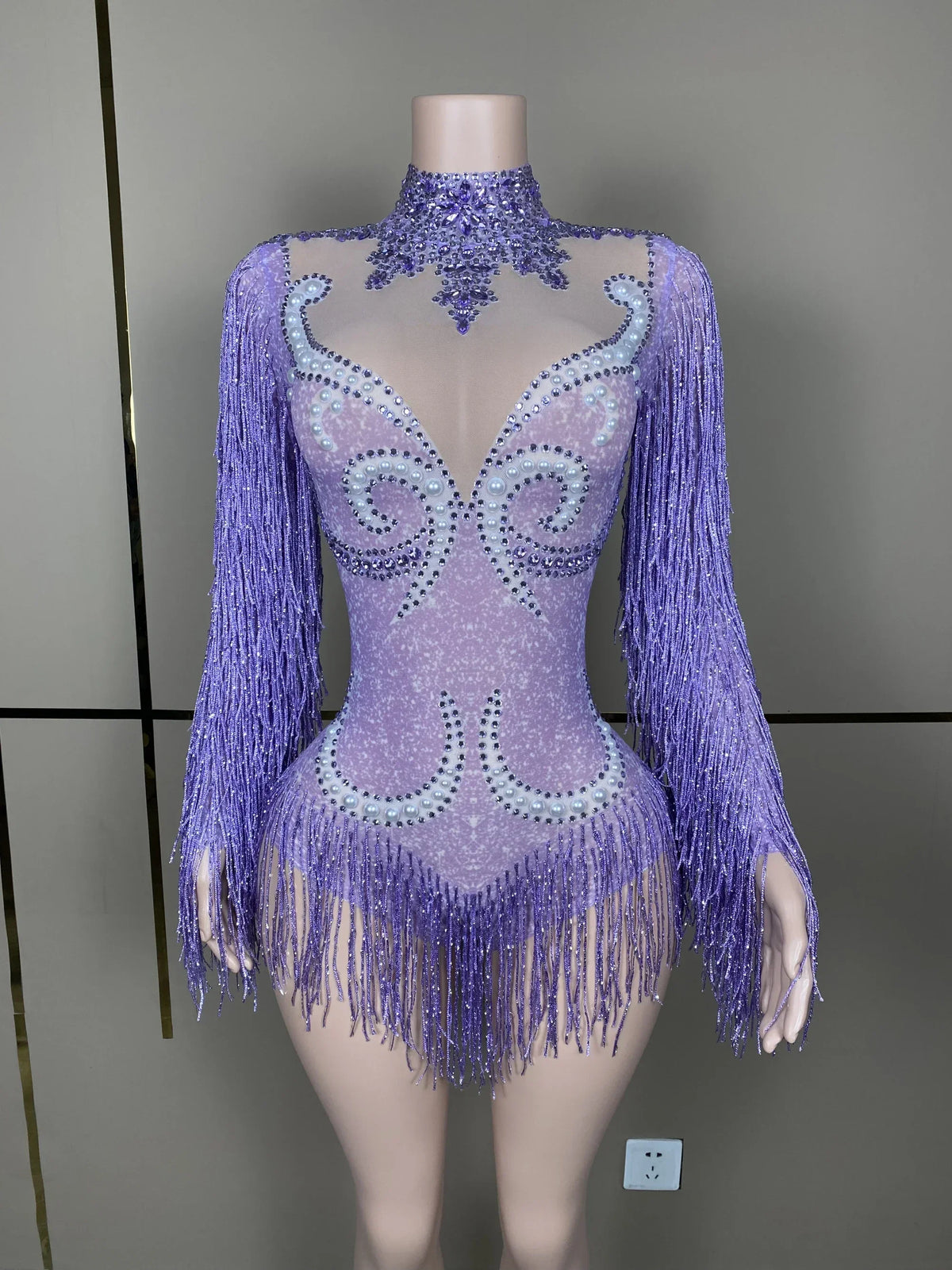 Purple Rhinestone Mesh Tassel Jumpsuit - Sheer Nightclub & Stage Performance Outfit