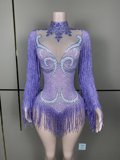 Purple Rhinestone Mesh Tassel Jumpsuit - Sheer Nightclub & Stage Performance Outfit