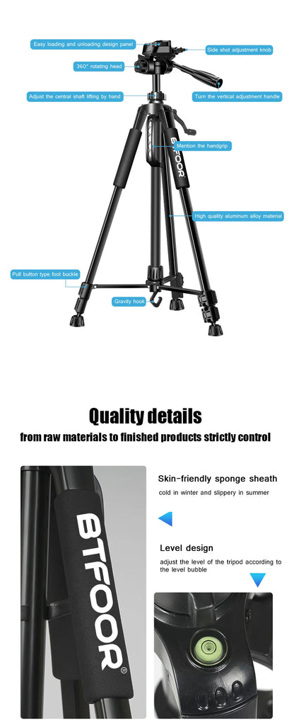 55" Aluminum Travel Tripod – 140CM Tall Stand with Quick Release Plate & Pan Head for Phone, Canon, Nikon, DSLR, SLR Cameras