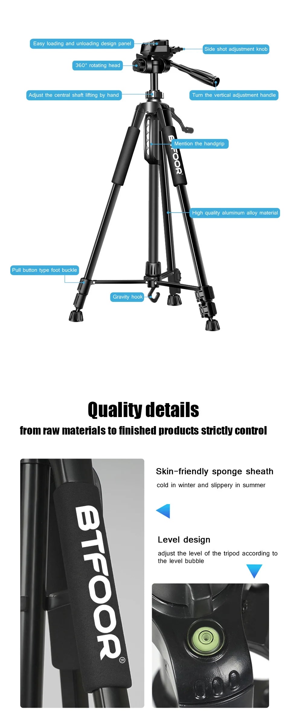 55" Aluminum Phone & Camera Tripod – 140CM Tall Travel Stand with Quick Release Plate & Pan Head for Canon Nikon DSLR SLR