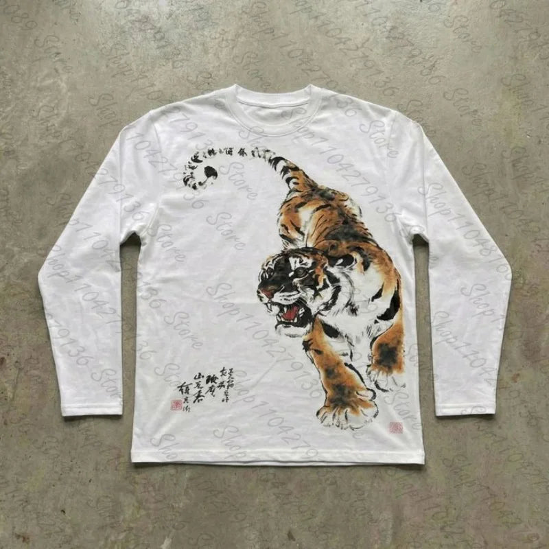 Women's Y2K Tiger Print T-Shirt - Funny Horror Graphic Long Sleeve Casual Streetwear Top