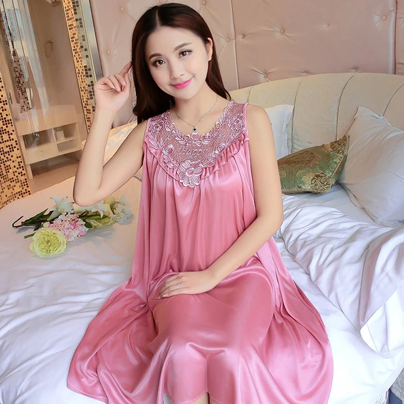Lace Ice Silk Nightgown - Sleeveless Medium-Length Sleepwear Dress for Women
