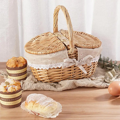 Handmade Wicker Picnic Basket with Handle – Multi-Purpose Willow Woven Storage Hamper for Outdoor Camping and Fruit