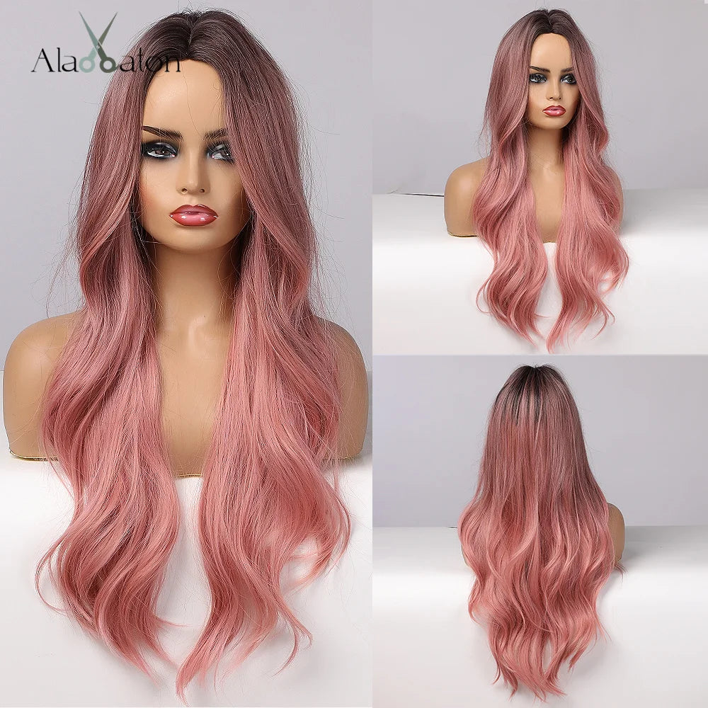 ALAN EATON Black Long Wavy Synthetic Wig – Natural Afro Hair, Middle Part, Heat-Resistant Fiber for Daily Use