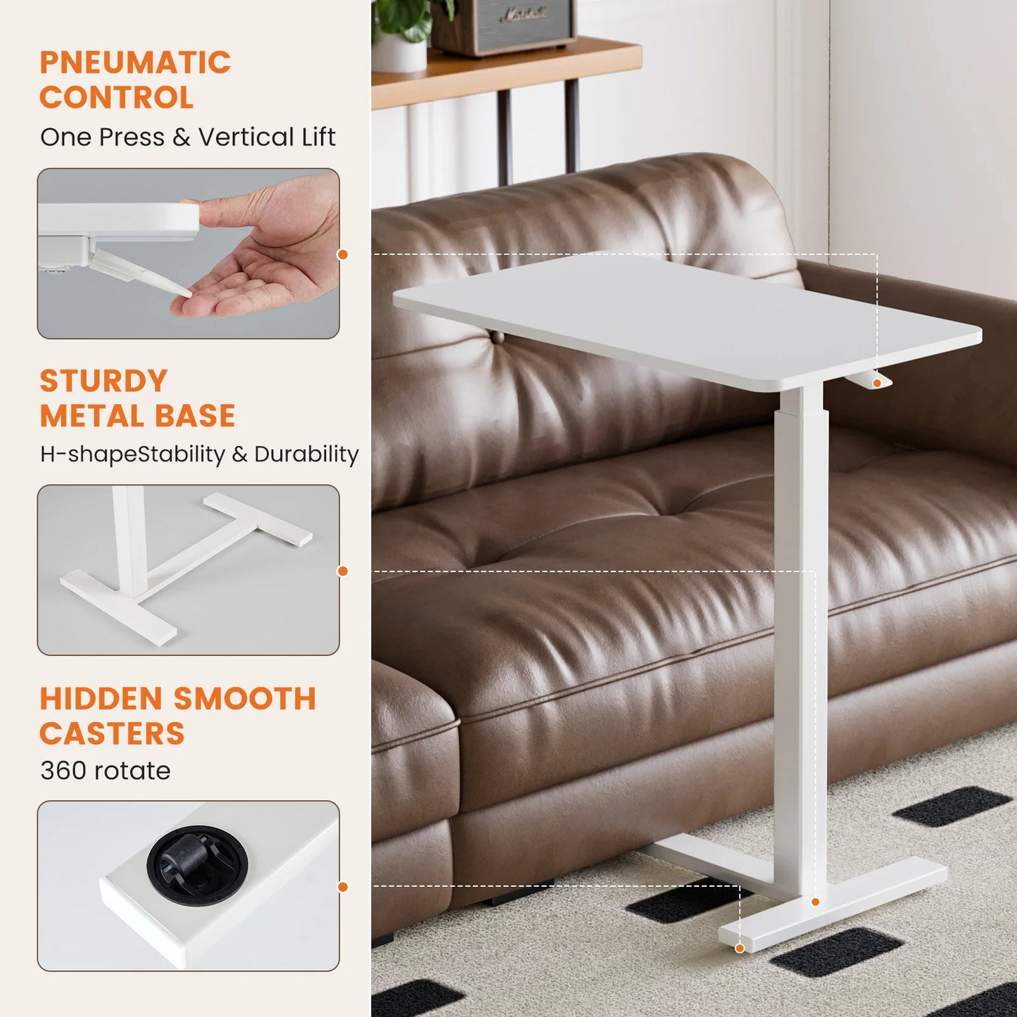 Overbed Bedside Table – Adjustable Height Sofa Table with Hidden Wheels for Laptop & Mobile Use