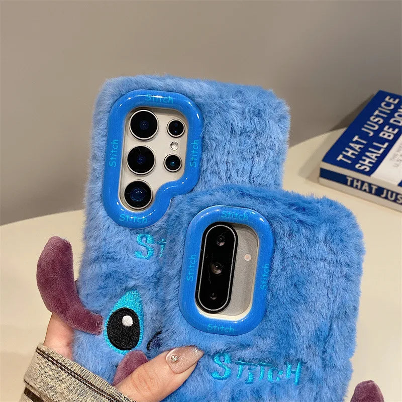 Cute Cartoon Stitch Plush Phone Case with Lens Holder – Shockproof Cover for Samsung Galaxy S23/S24/S25 Plus Ultra A56