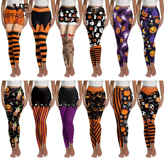 Women’s Halloween Leggings - Spooky Pumpkin Stripe Graphic Stretch Pants for Parties & Workouts
