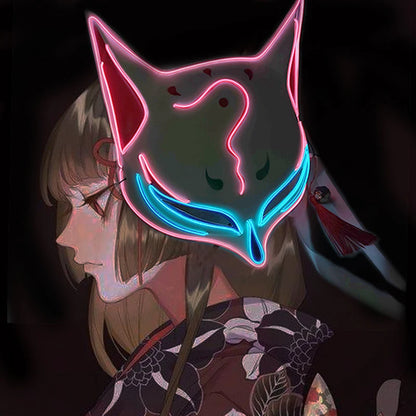 Glowing LED Fox Mask – Neon Japanese Anime-Inspired Samurai Cosplay Mask for Halloween, Christmas & Costume Parties