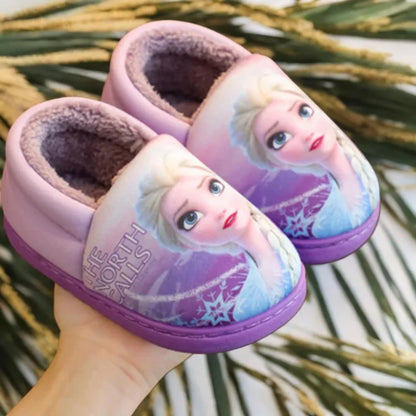 Disney Princess Sofia & Elsa Winter Slippers – Non-Slip Warm Cotton Slippers for Girls, Parent-Child Matching, Size 24-39