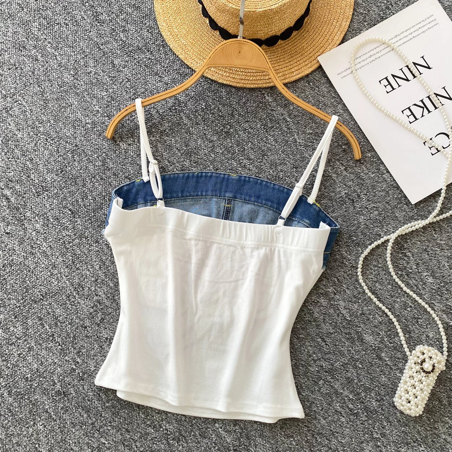 SINGREINY Y2K Denim Patchwork Crop Top — Women’s Retro Letter Embroidery Slim Streetwear Strap Top