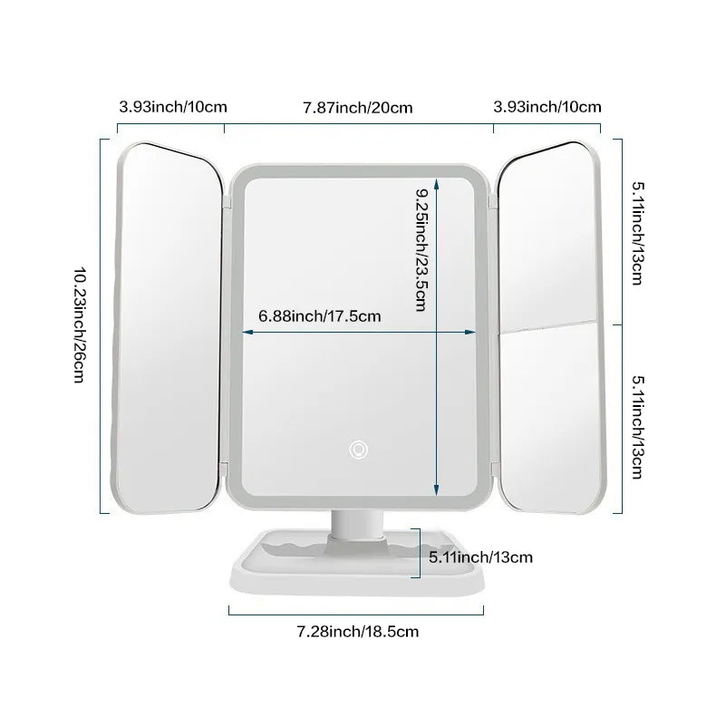Tri-Fold LED Makeup Mirror with Smart Complementary Lighting - Beauty Light for Dorms, Dressing Rooms, and More