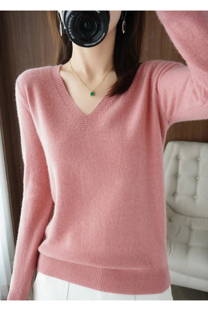 New Women’s Cashmere V-Neck Pullover – Lace Hollow Out Long Sleeve Knitted Sweater for Fall & Winter