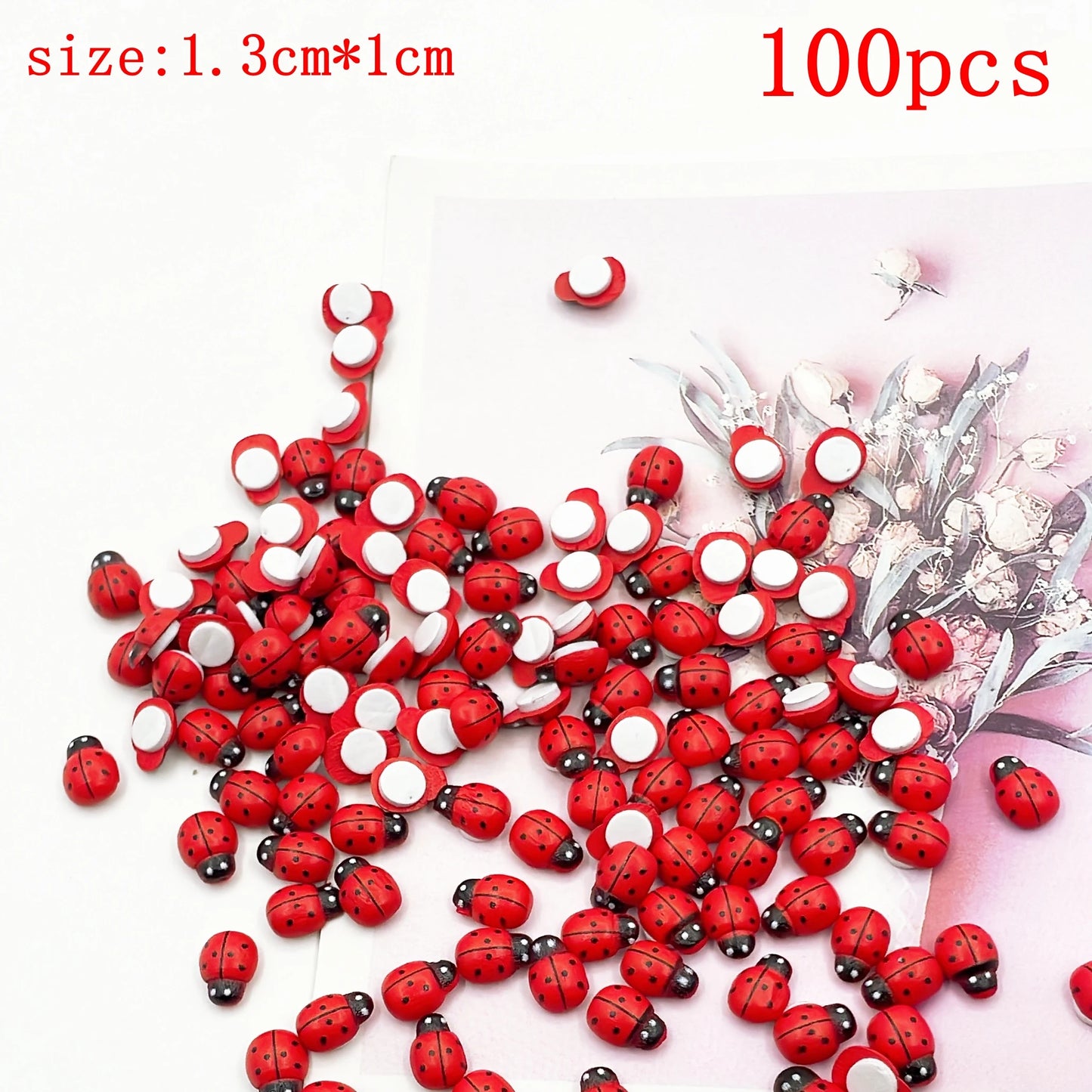100Pcs Wooden Mini Ladybug Stickers – 8x11mm Self-Adhesive Red DIY Craft Decorations for Scrapbooking, Home, Garden & Party Decor