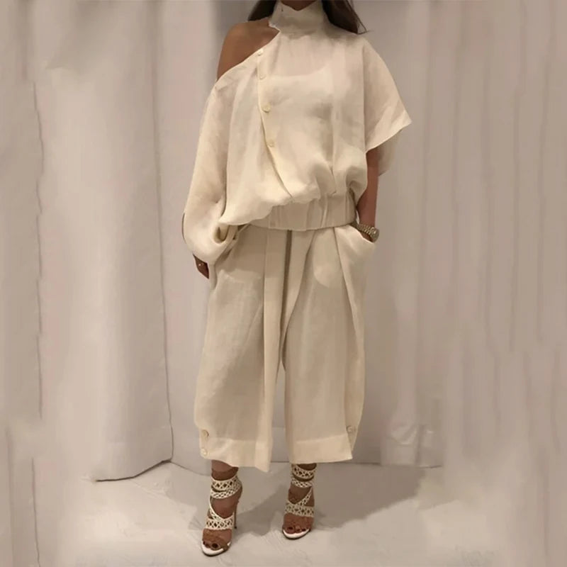 Women’s Fashion 2-Piece Set – Wide-Leg Buttoned Pants & Hollow Solid Color Loose Cold-Shoulder Blouse