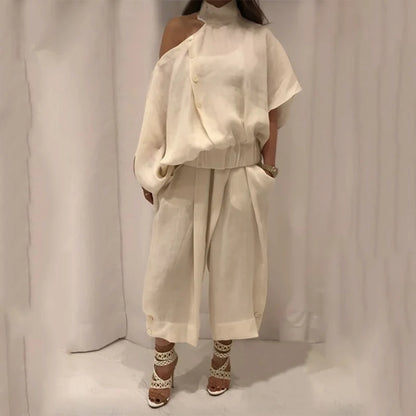 Women’s Fashion 2-Piece Set – Wide-Leg Buttoned Pants & Hollow Solid Color Loose Cold-Shoulder Blouse