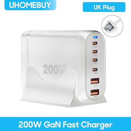 UHOMEBUY 200W GaN Desktop Charger - 6-Port USB Type C with 100W PD & Quick Charge 3.0 Fast Mobile Charger