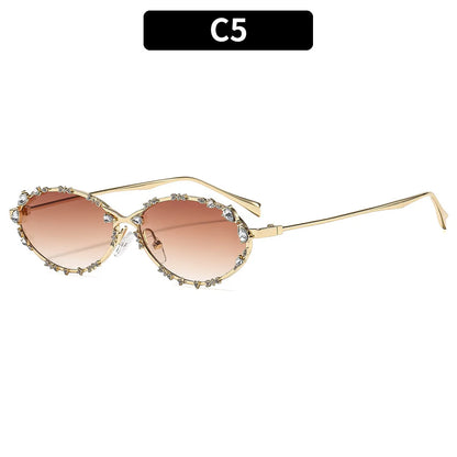 Luxury Diamond Oval Sunglasses - Rhinestone Metal Frame Fashion Eyewear for Men and Women Driving Style