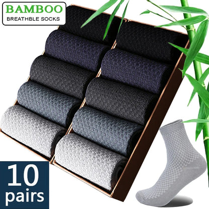 10 Pairs Men’s Bamboo Fiber Compression Socks – Long Black Business Casual Dress Socks, Breathable Autumn Wear, Plus Size 42–45 Gift Pack