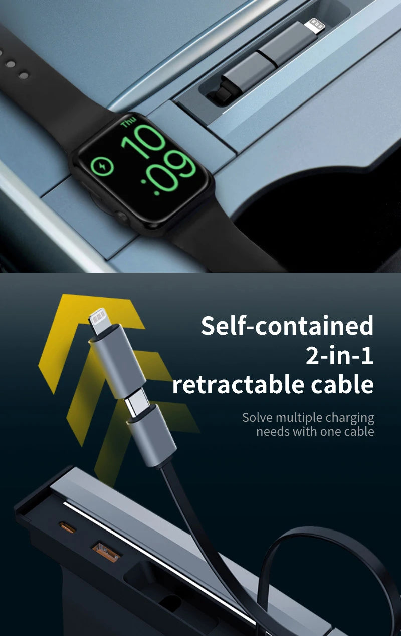 Tesla Model 3/Y USB Hub – 27W 3-in-1 Docking Station with Retractable Cable & Apple Watch Wireless Charging