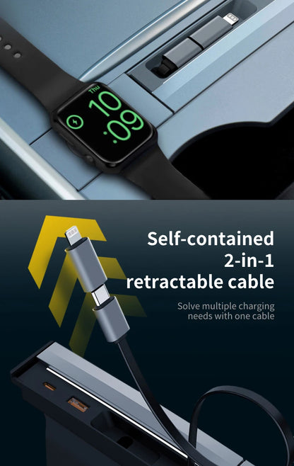 Tesla Model 3/Y USB Hub – 27W 3-in-1 Docking Station with Retractable Cable & Apple Watch Wireless Charging