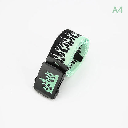 Hip Hop Fashion Canvas Belt – Personalized Flame Design, Casual & Punk Cowboy Belt for Men & Women