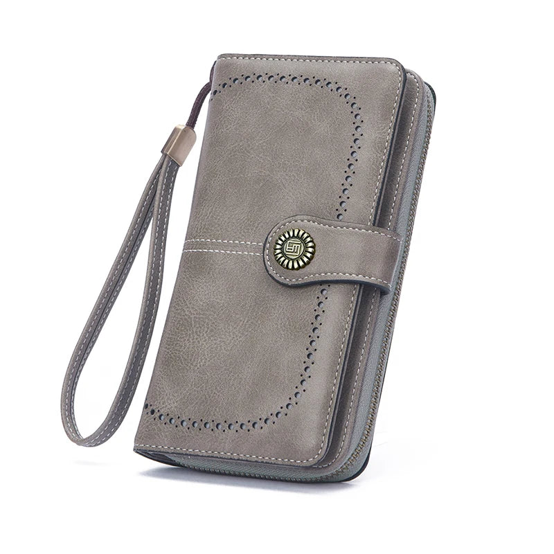 Vintage Large Capacity Women's Purse – Monochromatic Multi-Card Long Wallet with Zipper & Wrist Strap
