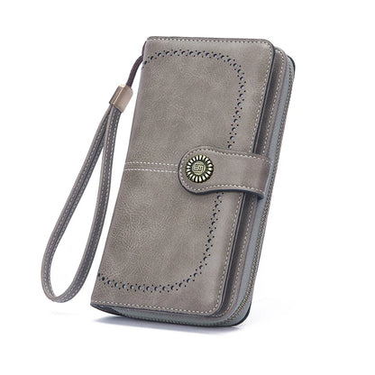 Vintage Large Capacity Women's Purse – Monochromatic Multi-Card Long Wallet with Zipper & Wrist Strap