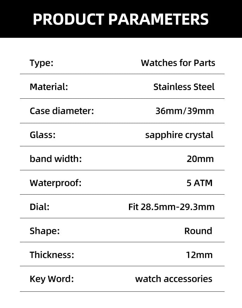 Neiton 36mm/39mm Silver Watch Case - Sapphire, Bevel Edge, 316L Stainless Steel for NH35, NH36, NH34 Movements
