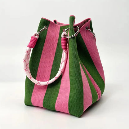 Multi-Color Knitted Retro Bucket Handbag – Color-Block, Versatile & Easy-to-Carry Purse