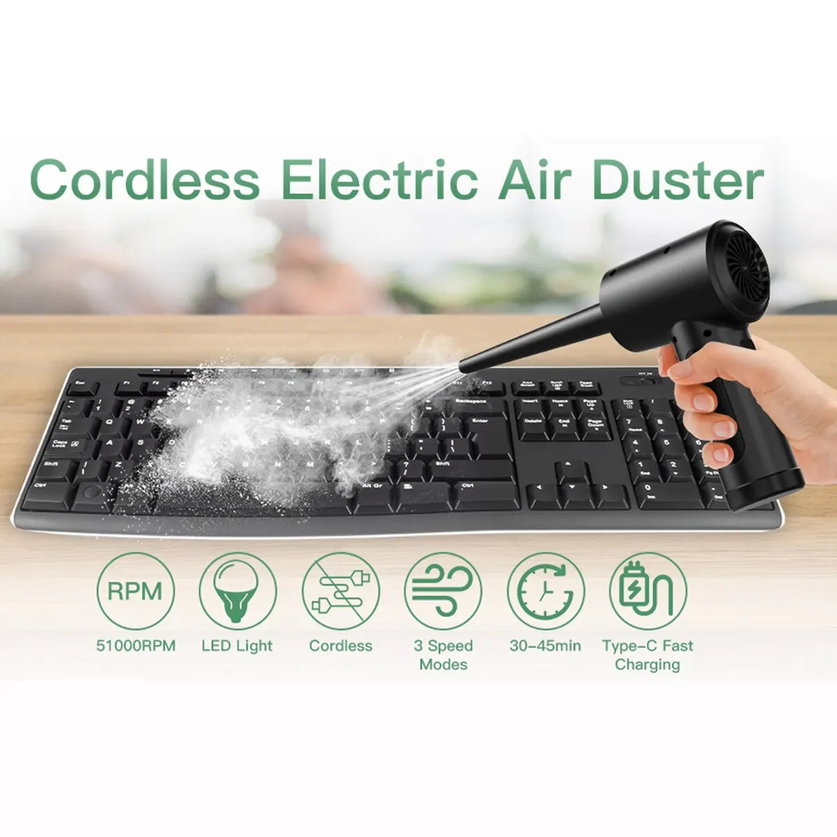 Compressed Air Duster for Computers - Portable Cordless Air Blower with LED Light for PC Keyboard, Car, and Cleaning