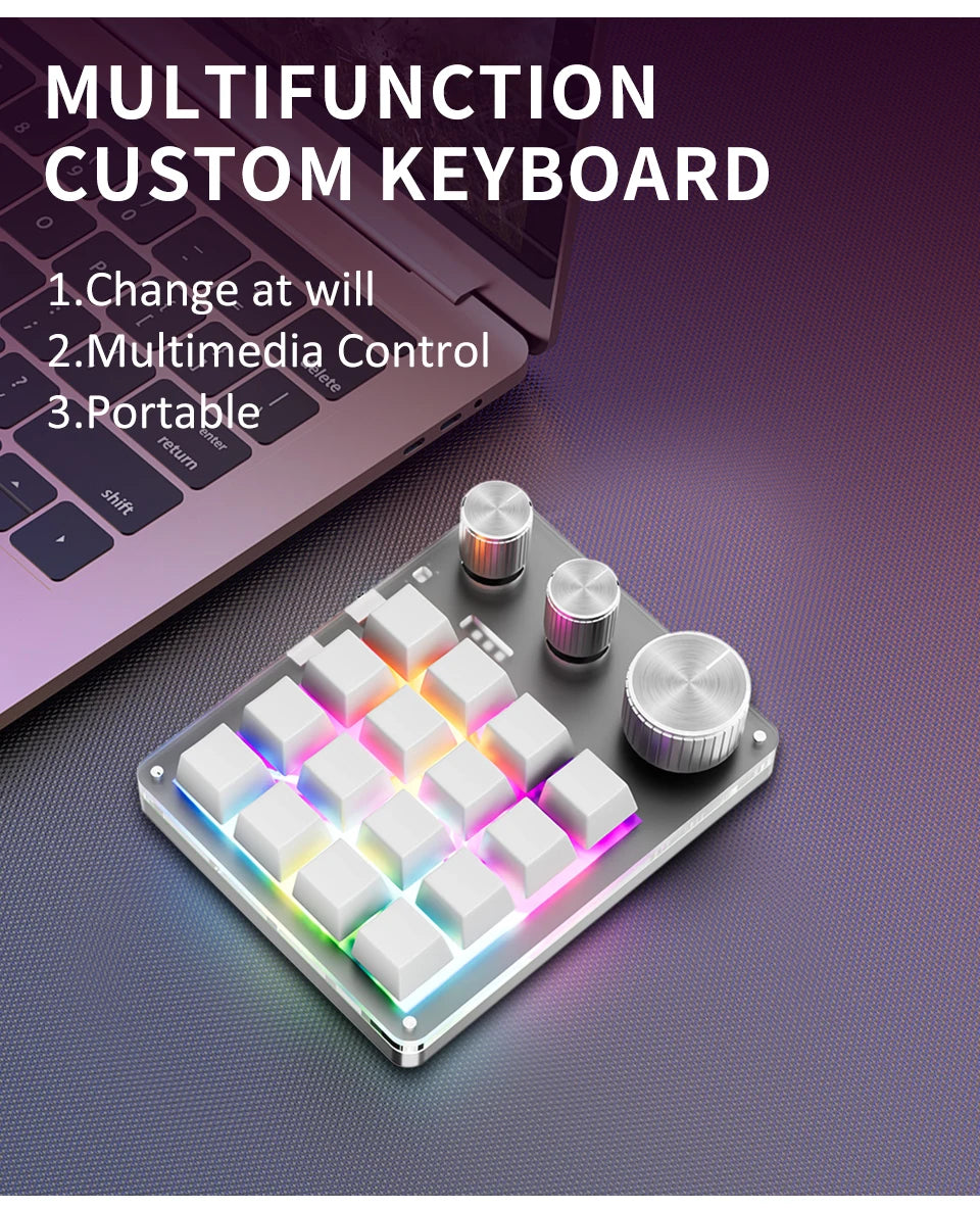 2.4G Bluetooth Mechanical Keyboard – 16-Key Custom USB with Knob, Volume Control, Macro & Gaming Modes