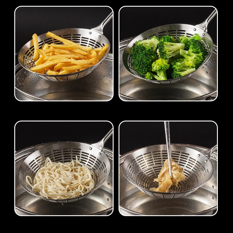 3 Sizes Round 304 Stainless Steel Strainer Set – Long Handle Kitchen Sieves for Hot Pot, Oil Filter & Cooking Tools