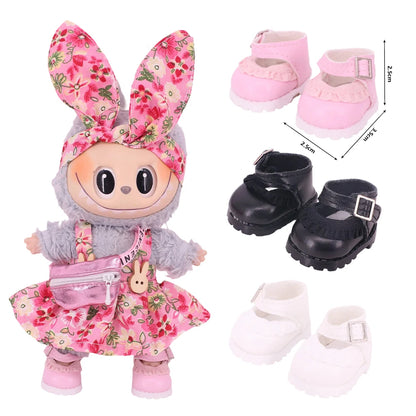 3.8cm Doll Shoes for 17cm Labubu Doll — Solid Color Lace-Up Canvas PU Shoes, Doll Clothing Accessories & Girl’s Toy Gift