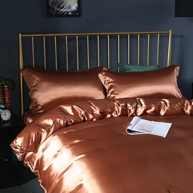 Silk Bedding Set With Duvet Cover - Luxury Satin Bed Sheet Pillowcase Set Solid Color King Queen Twin Size