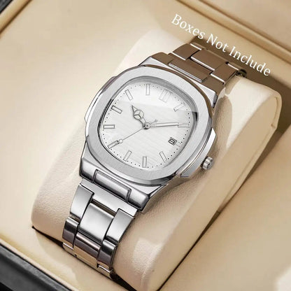 Luxury Men’s Business Watch - Square Dial Stainless Steel Quartz Watch with Calendar