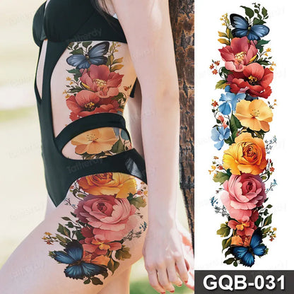 Full Arm Dragon Skull Tattoo Sleeve - Waterproof Temporary Body Art Sticker with Clock Compass Flower Design for Men & Women