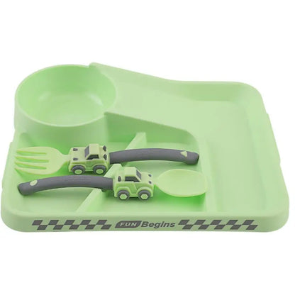 Kids Cartoon Racing Dinner Set - Baby Self Feeding Fork Spoon Plate & Divided Non-Slip Bowl Set