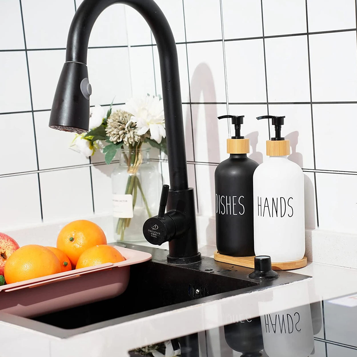 Black Dish Soap Dispenser Set for Kitchen Sink - Refillable Bottles for Hands Soap and Dishes Detergent Storage