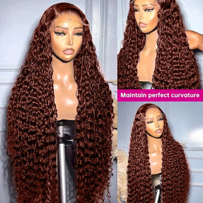 30–40 Inch Reddish Brown Human Hair Wig – 13x6/13x4/13x7 HD Lace Frontal, 250% Density Colored Deep Wave Curly Wig