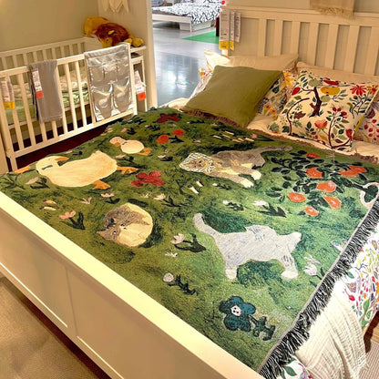 Animal Sofa Blanket Cover – European Village Cartoon Tapestry for Home Decor, Sofa, Bed & Camping