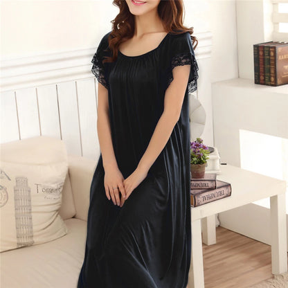 Women’s Lace Patchwork Nightgown – Long Sleepwear Dress for Casual Homewear