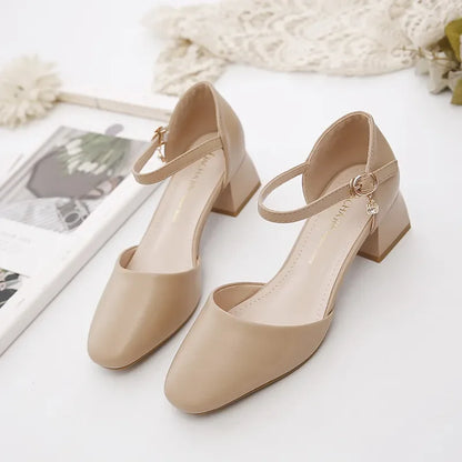Women’s Elegant White Pearl Buckle Pumps — Square Heel Office & Leisure Shoes