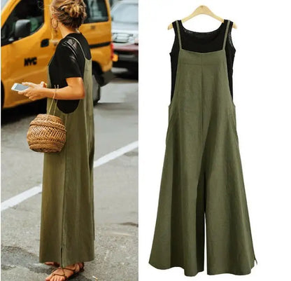 Women’s Summer Wide Leg Jumpsuit Overalls – Solid Color Sleeveless Cotton Linen Bib Dungaree, Casual Loose Fit Plus Size 5XL