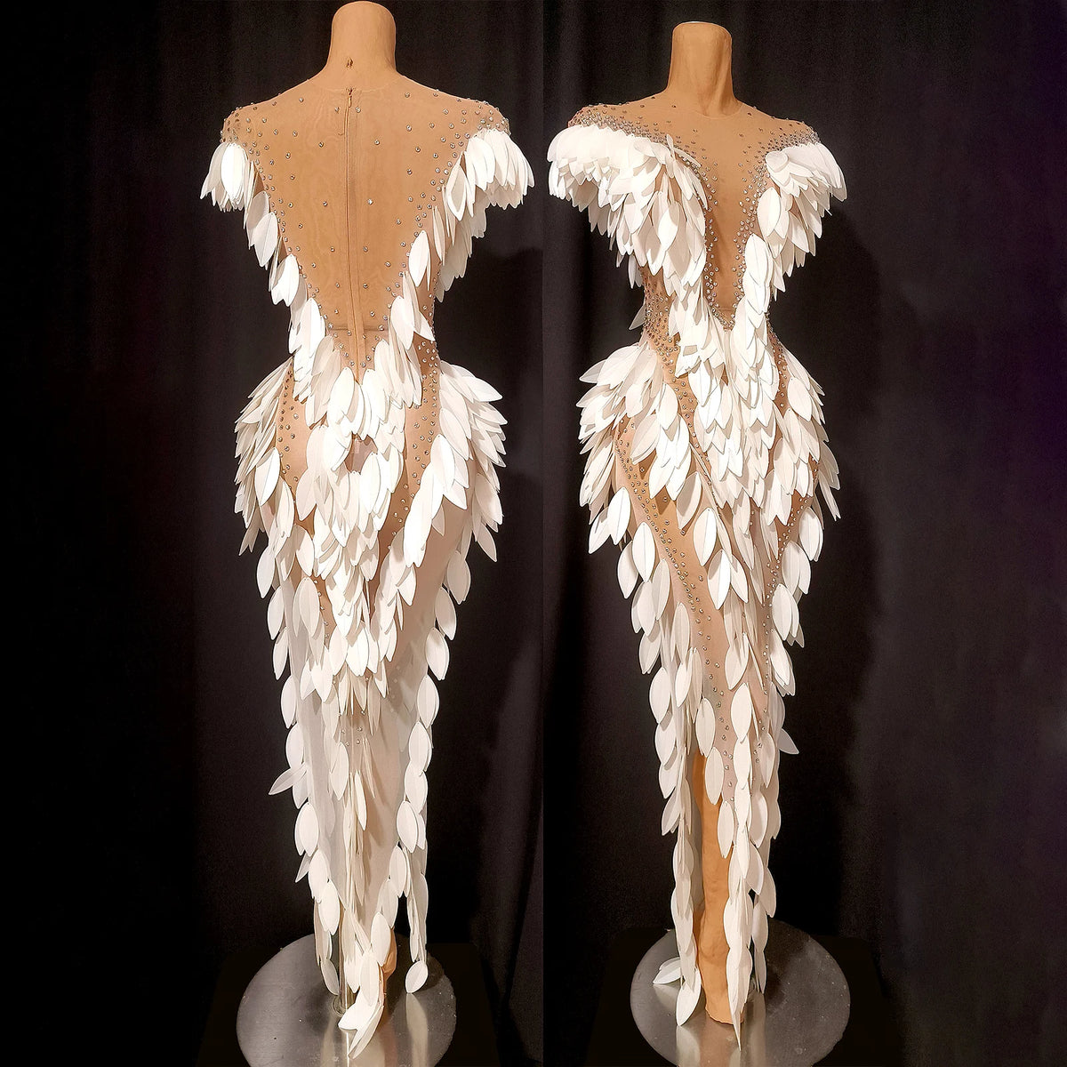 3D Gold Feather Rhinestone Split Dress - Evening Dance, Catwalk & Stage Performance Outfit