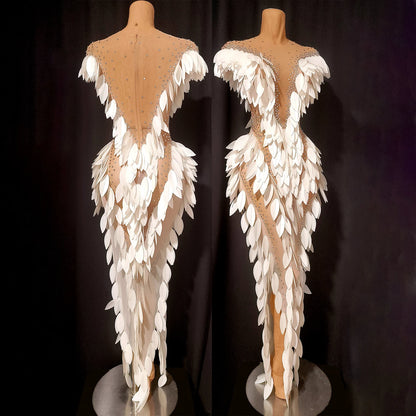 3D Gold Feather Rhinestone Split Dress - Evening Dance, Catwalk & Stage Performance Outfit