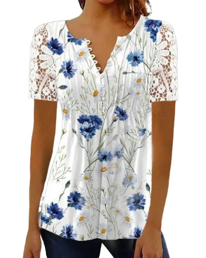 Women’s Summer Floral Lace V-Neck Blouse – Loose Fit Short Sleeve Casual Elegant Printed Fashion Shirt for Spring & Summer Wear