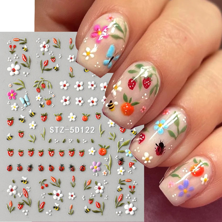 3D Kawaii Ladybug Nail Stickers - Embossed Daisy Flower DIY Decals for Spring, Wedding & Floral Nail Art